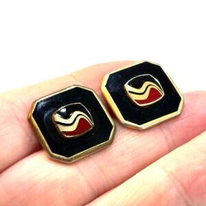 Vintage 70’s cufflinks goldtone black & red enamel finish hip mod men's Jewelry